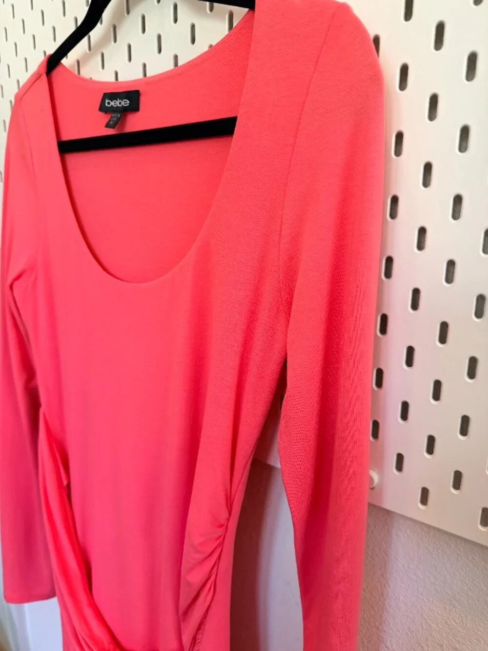 bebe Coral Pink Ruched Long Sleeve Bodycon Midi Dress Size M